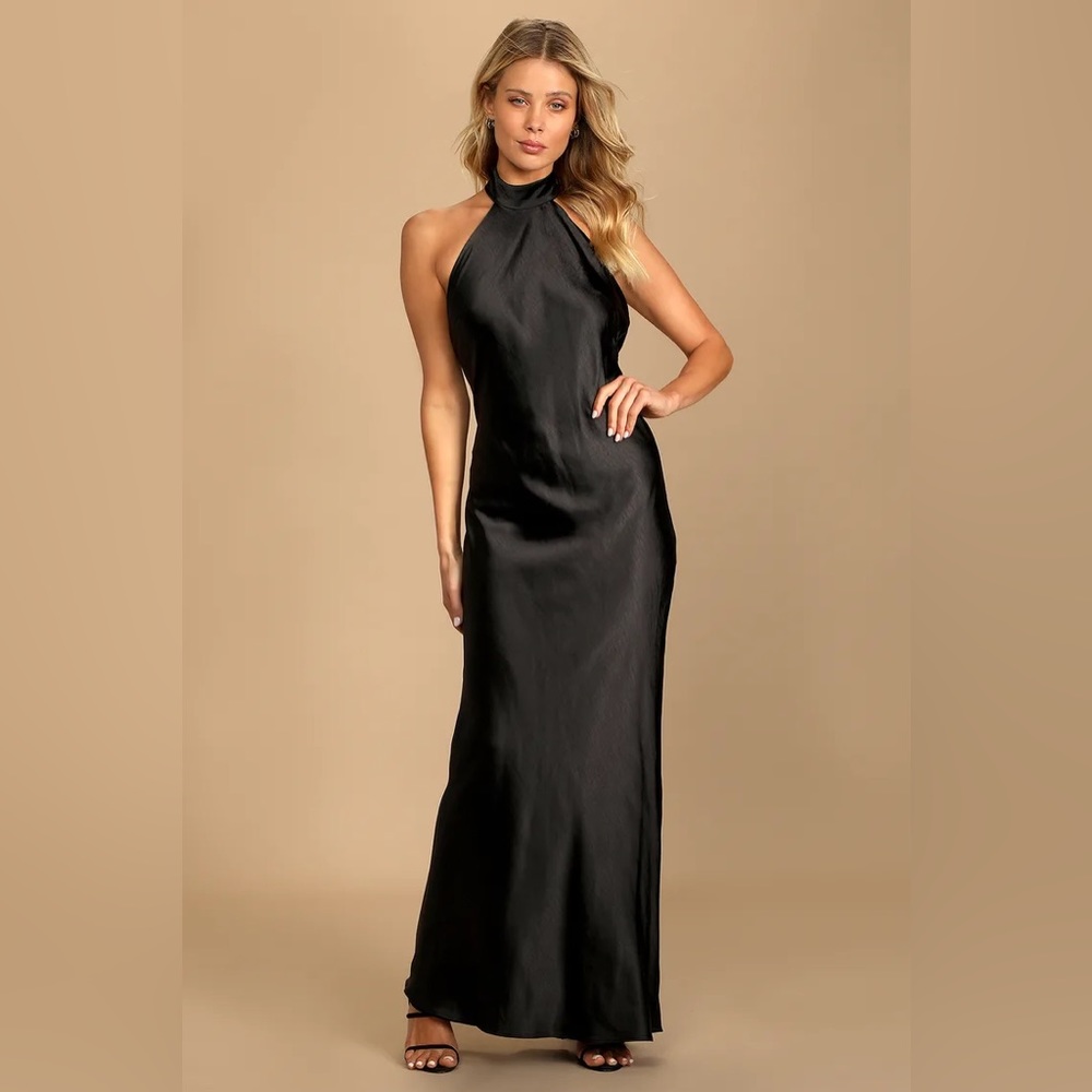 Lulus Love in Your Life Black Satin Halter Maxi Dress.  Worn once.  Size XS.